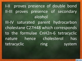 I-II proves presence of double bond
II-III proves presence of secondary
alcohol
III-IV saturated parent hydrocarbon
cholestane C27H48 which corresponds
to the formulae CnH2n-6 tetracyclic
nature hence cholesterol has
tetracyclic ring system
 