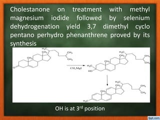 Cholestanone on treatment with methyl
magnesium iodide followed by selenium
dehydrogenation yield 3,7 dimethyl cyclo
pentano perhydro phenanthrene proved by its
synthesis
CH3
CH3
O
CH3
CH3
CH3
CH3
CH3
OH
CH3
CH3
CH3
CH3
CH3MgI
CH3
CH3
CH3
CH3
CH3
CH3
OH is at 3rd position
 