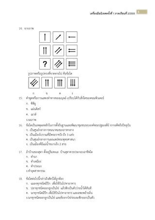 เครื่องมือนิเทศครั้งที่ 1 ภาคเรียนที่ 2/2555  
 
5 
14. จากภาพ
รูปภาพหรือรูปทรงที่ขาดหายไป คือข้อใด
ก ข ค ง
15. คําพูดหรือการแสดงท่าทางของมนุษย์ เปรียบได้กับสิ่งใดของคอมพิวเตอร์
ก. ซีพียู
ข. แผ่นดิสก์
ค. เมาส์
ง.จอภาพ
16. ข้อใดเป็นเหตุผลหลักในการตั้งถิ่นฐานและพัฒนาชุมชนรอบองค์พระปฐมเจดีย์ จากอดีตถึงปัจจุบัน
ก. เป็นศูนย์กลางการคมนาคมของภาคกลาง
ข. เป็นเมืองโบราณที่มีพระราชวัง ถึง 3 แห่ง
ค. เป็นศูนย์กลางการเผยแพร่พระพุทธศาสนา
ง. เป็นเมืองที่มีแม่น้ําขนาบถึง 2 สาย
17. ถ้าบ้านของสุดา ตั้งอยู่ริมทะเล บ้านสุดาควรประกอบอาชีพใด
ก. ทํานา
ข. ทําเหมือง
ค. ทําประมง
ง.ทําอุตสาหกรรม
18. ข้อใดต่อไปนี้กล่าวถึงสัตว์ได้ถูกต้อง
ก. แมลงทุกชนิดมีปีก เพื่อใช้บินไปหาอาหาร
ข. ปลาทุกชนิดออกลูกเป็นไข่ แล้วฟักเป็นตัวว่ายน้ําได้ทันที
ค. นกทุกชนิดมีปีก เพื่อใช้บินไปหาอาหาร และอพยพย้ายถิ่น
ง.นกทุกชนิดออกลูกเป็นไข่ และต้องกกไข่ก่อนจะฟักออกเป็นตัว
 
