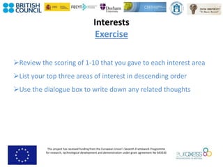 This project has received funding from the European Union’s Seventh Framework Programme
for research, technological development and demonstration under grant agreement No 643330
Interests
Exercise
Review the scoring of 1-10 that you gave to each interest area
List your top three areas of interest in descending order
Use the dialogue box to write down any related thoughts
 