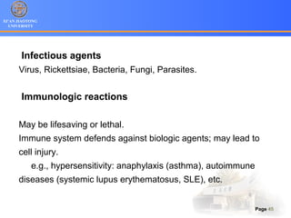 XI’AN JIAOTONG
UNIVERSITY
Page 45
Infectious agents
Virus, Rickettsiae, Bacteria, Fungi, Parasites.
Immunologic reactions
May be lifesaving or lethal.
Immune system defends against biologic agents; may lead to
cell injury.
e.g., hypersensitivity: anaphylaxis (asthma), autoimmune
diseases (systemic lupus erythematosus, SLE), etc.
 