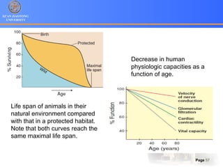 XI’AN JIAOTONG
UNIVERSITY
Page 57
Life span of animals in their
natural environment compared
with that in a protected habitat.
Note that both curves reach the
same maximal life span.
Decrease in human
physiologic capacities as a
function of age.
 