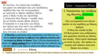 Τρόποι – επιχειρήματα Ελένης
2. Επικαλείται την ευσέβεια
της Θεονόης (κώδικας
ηθικής):
-Την ευγνωμοσύνη των άλλων
πρέπει να την κερδίζεις με δίκαιες
πράξεις.
-Ο θεός δεν αγαπά τη βία.
-Οι θεοί μισούν τους ανθρώπους
που μαζεύουν πλούτη με αδικίες
και κλοπές. -Όλοι έχουν δικαίωμα
σε αυτή τη ζωή. -Δεν πρέπει να
στερείς από κάποιον αυτό που
δίκαια του ανήκει.
Η Θεονόη ως μάντισσα είναι εκπρόσωπος του θεού και ως
τέτοια οφείλει πρώτη να σέβεται τους ηθικούς κανόνες και
να ενεργεί με βάση το δίκαιο. Έτσι, η Ελένη επικαλούμενη
αυτόν τον ηθικό κώδικα βάζει τη Θεονόη προ των ευθυνών της
και την καλεί να μην πάρει το μέρος του άδικου αδελφού της.
 