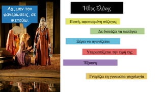 Ήθος Ελένης
Πιστή, αφοσιωμένη σύζυγος
Δε διστάζει να ικετέψει
Ξέρει να αγωνίζεται
Υπερασπίζεται την τιμή της
Έξυπνη
Γνωρίζει τη γυναικεία ψυχολογία
 