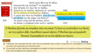 Ο Μενέλαος βροντάει και αστράφτει πάνω στη σκηνή. Τα λόγια του συγκλονίζουν τους θεατές
και τους γεμίζουν φόβο. Απροσδόκητο ηρωικό σφρίγος. Ο Μενέλαος έχει μεταμορφωθεί
θεατρικά. Συμπεριφέρεται σα να είναι άφοβος και άτρωτος.
 