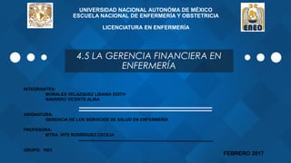 UNIVERSIDAD NACIONAL AUTONÓMA DE MÉXICO
ESCUELA NACIONAL DE ENFERMERÍA Y OBSTETRICIA
LICENCIATURA EN ENFERMERÍA
4.5 LA GERENCIA FINANCIERA EN
ENFERMERÍA
INTEGRANTES:
MORALES VELAZQUEZ LISANIA EDITH
NAVARRO VICENTE ALINA
ASIGNATURA:
GERENCIA DE LOS SERVICIOS DE SALUD EN ENFERMERÍA
PROFESORA:
MTRA. VITE RODRÍGUEZ CECILIA
GRUPO: 1601
FEBRERO 2017
 