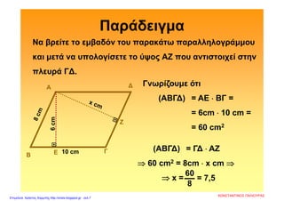 Παράδειγμα
Να βρείτε το εμβαδόν του παρακάτω παραλληλογράμμου
και μετά να υπολογίσετε το ύψος AZ που αντιστοιχεί στην
πλευρά Γ∆.
Α
Β
Γ
∆
Ε

Ζ
10 cm
6cm
Γνωρίζουμε ότι
(ΑΒΓ∆) = ΑΕ  ΒΓ =
= 6cm  10 cm =
= 60 cm2
(ΑΒΓ∆) = Γ∆  ΑΖ
 60 cm2 = 8cm  x cm 
 x =
60
8
= 7,5
ΚΩΝΣΤΑΝΤΙΝΟΣ ΠΑΛΙΟΥΡΑΣ
Επιμέλεια: Χρήστος Χαρμπής http://xristx.blogspot.gr σελ.7
 
