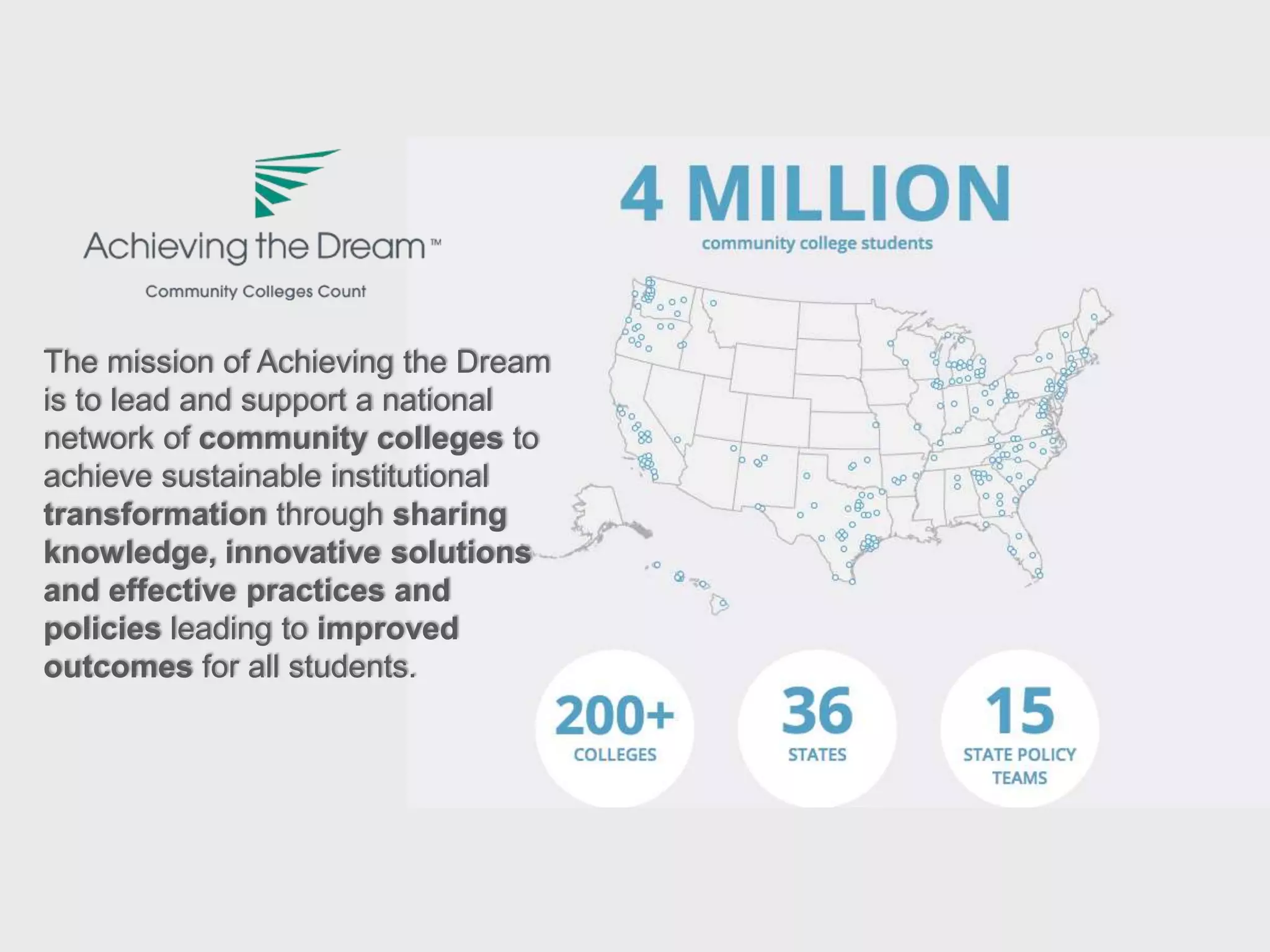 The mission of Achieving the Dream
is to lead and support a national
network of community colleges to
achieve sustainable institutional
transformation through sharing
knowledge, innovative solutions
and effective practices and
policies leading to improved
outcomes for all students.
 