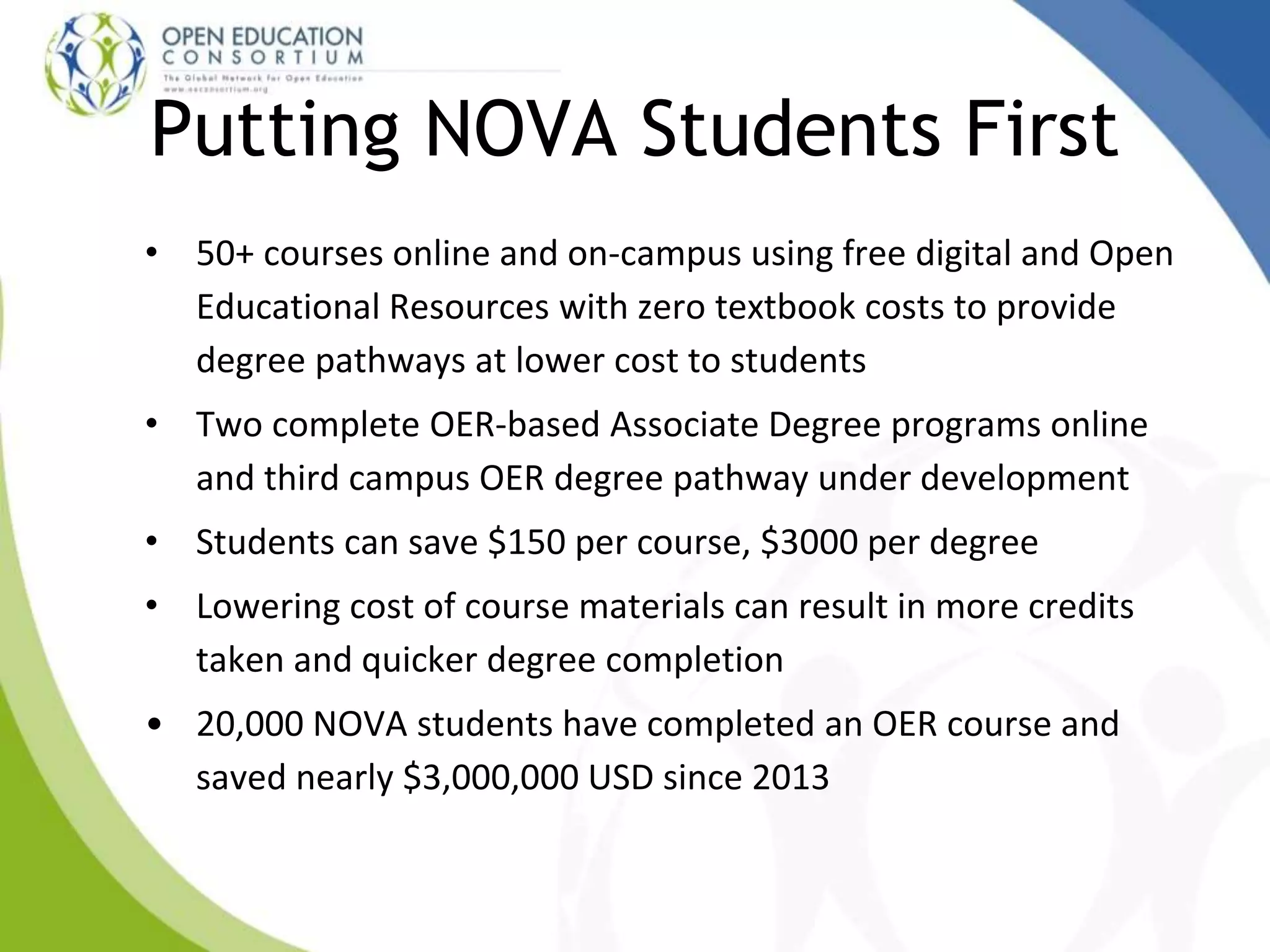 Putting NOVA Students First
• 50+ courses online and on-campus using free digital and Open
Educational Resources with zero textbook costs to provide
degree pathways at lower cost to students
• Two complete OER-based Associate Degree programs online
and third campus OER degree pathway under development
• Students can save $150 per course, $3000 per degree
• Lowering cost of course materials can result in more credits
taken and quicker degree completion
• 20,000 NOVA students have completed an OER course and
saved nearly $3,000,000 USD since 2013
 