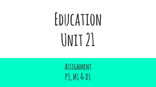 Education
Unit21
Assignment
P3,M1&D1
 