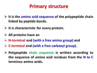 ➢ It is the amino acid sequence of the polypeptide chain
linked by peptide bonds.
➢ It is characteristic for every protein.
➢ All proteins have an
➢ N-terminal end (with a free amino group) and
➢ C-terminal end (with a free carboxyl group).
➢ Polypeptide chain sequence is written according to
the sequence of amino acid residues from the N to C
terminus amino acids.
Primary structure
 