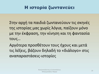 Στην αρχή τα παιδιά ζωντανεύουν τις σκηνές
της ιστορίας μας χωρίς λόγια, παίζουν μόνο
με την έκφραση, την κίνηση και τη φαντασία
τους…
Αργότερα προσθέτουν τους ήχους και μετά
τις λέξεις, βάζουν δηλαδή το «διάλογο» στις
αναπαραστάσεις-ιστορίες
θεατροπαίζοντας εξ αποστάσεως
Μπασματζίδου Μαρία
25
 