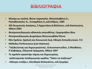 • Θέατρο με παιδιά, Φώτα παρακαλώ, Μπασκλαβάνη Ο.,
Παπαθανασίου Α., Λιτσαρδάκη Α.,εκδ.Κέδρος, 1985
• 205 Βιωματικές Ασκήσεις, Ζ.Αρχοντάκη-Δ.Φιλίππου, εκδ.Καστανιώτη,
Αθήνα 2003
• Θεατροπαιδαγωγός-ηθοποιός-σκηνοθέτης: Γρηγοριάδου Βίκυ
• Θεατρπαιδαγωγός-ψυχολόγος Μπουκουβάλα Έλενα
• Νέο Σχολείο, Σχολική και Κοινωνική Ζωή, Οδηγός Εκπαιδευτικού, Π.Ε
• Μέθοδος Performance (Lois Holzman)
• ‘Ταξιδεύοντας και δημιουργώντας’, Β.Κωνσταντινίδου, Σ.Ματθαίου,
Π.Χαβιάρης, Ελληνικά Γράμματα, Αθήνα 1997
• Το σχολείο εργαστήρι τέχνης και δημιουργίας,
καλλιτεχνικής παιδαγωγικής ομάδας ‘’Ελάτε να παίξουμε’’
• «Θέατρο εντάξει», Ελευθερία Βελογιάννη, εκδ.Γρηγόρη
θεατροπαίζοντας εξ αποστάσεως
Μπασματζίδου Μαρία
51
 