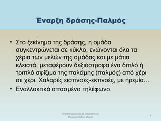 Έναρξη δράσης-Παλμός
θεατροπαίζοντας εξ αποστάσεως
Μπασματζίδου Μαρία
6
• Στο ξεκίνημα της δράσης, η ομάδα
συγκεντρώνεται σε κύκλο, ενώνονται όλα τα
χέρια των μελών της ομάδας και με μάτια
κλειστά, μεταφέρουν δεξιόστροφα ένα διπλό ή
τριπλό σφίξιμο της παλάμης (παλμός) από χέρι
σε χέρι. Χαλαρές εισπνοές-εκπνοές, με ηρεμία…
• Εναλλακτικά σπασμένο τηλέφωνο
 