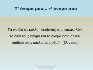 Τ’ όνομα μου… τ’ όνομα σου
Τα παιδιά σε κύκλο..πετώντας το μπαλάκι λένε
το δικό τους όνομα και το όνομα ενός άλλου
παιδιού στον κύκλο..με ρυθμό.. (βλ.video)
θεατροπαίζοντας εξ αποστάσεως
Μπασματζίδου Μαρία
9
 