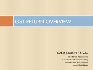 C.H.Thadeshwar & Co.,
Chartered Accountants
15-16, Chamber Of commerce Building
Jayshree Cinema Road, Junagadh
Contact 70430 22444
GST RETURN OVERVIEW
 