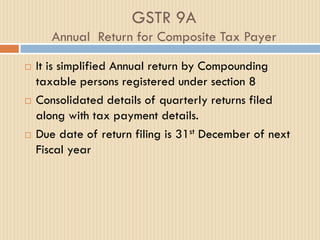 GSTR 9A
Annual Return for Composite Tax Payer
 It is simplified Annual return by Compounding
taxable persons registered under section 8
 Consolidated details of quarterly returns filed
along with tax payment details.
 Due date of return filing is 31st December of next
Fiscal year
 