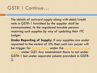 GSTR 1 Continue…
The details of outward supply along with debit/credit
note in GSTR-1 furnished by the supplier shall be
communicated, to the registered taxable persons
receiving such supplies by way of updating their ITC
Ledger.
Under Reporting of Supply: If any supplies are under
reported to the extent of 5% then such tax payer will
be trigger for black listing under the compliance rating
system under GST. Any amendment there to not under
GSTR-1 but under separate column provided in GSTR-
3.
 