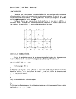 PILARES DE CONCRETO ARMADO.
1. INTRODUÇÃO.
Define-se pilar como sendo uma barra reta com eixo disposto verticalmente e
solicitado predominantemente por esforços normais de compressão. De acordo com a sua
posição na estrutura do edifício, os pilares podem ser classificados de pilares de canto,
pilares de extremidade e pilares centrais.
Na figura abaixo, que representa a planta de forma do piso de um edifício, os
pilares P1, P3, P7, P8 e P11 são pilares de canto. Os pilares P2, P4, P9 e P10 são pilares
intermediário. Os pilares P5 e P6 são considerados pilares centrais.
2. EQUAÇÃO DE EQUILÍBRIO.
A área da seção transversal da armadura longitudinal de aço e a área da seção
transversal do concreto são determinadas pela equação de equilíbrio dada por
sdssccddkf AAAfNF σγ +−== )(85,0
Nesta equação têm-se
fγ
Coeficiente que majora a força aplicada ao pilar. Para efeito de pré-dimensionamento
podem-se adotar 0,2=fγ para pilares de canto, 8,1=fγ para pilares de extremidade e
5,1=fγ para pilares centrais.
kF
Força axial característica aplicada ao pilar.
cdf
Resistência de cálculo do concreto obtida dividindo-se a resistência característica ckf pelo
coeficiente 4,1=cγ ( 4,1/ckcd ff = ).
 