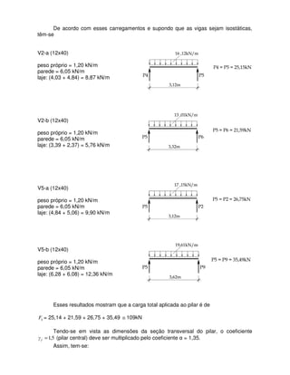 De acordo com esses carregamentos e supondo que as vigas sejam isostáticas,
têm-se
V2-a (12x40)
peso próprio = 1,20 kN/m
parede = 6,05 kN/m
laje: (4,03 + 4,84) = 8,87 kN/m
V2-b (12x40)
peso próprio = 1,20 kN/m
parede = 6,05 kN/m
laje: (3,39 + 2,37) = 5,76 kN/m
V5-a (12x40)
peso próprio = 1,20 kN/m
parede = 6,05 kN/m
laje: (4,84 + 5,06) = 9,90 kN/m
V5-b (12x40)
peso próprio = 1,20 kN/m
parede = 6,05 kN/m
laje: (6,28 + 6,08) = 12,36 kN/m
Esses resultados mostram que a carga total aplicada ao pilar é de
kF = 25,14 + 21,59 + 26,75 + 35,49 ≅ 109kN
Tendo-se em vista as dimensões da seção transversal do pilar, o coeficiente
5,1=fγ (pilar central) deve ser multiplicado pelo coeficiente α = 1,35.
Assim, tem-se:
 