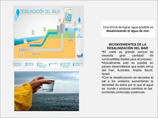 Una forma de lograr agua potable es
desalinizando el agua de mar.
INCONVENIENTES DE LA
DESALINIZACIÓN DEL MAR
El coste es grande porque se
necesita gran cantidad de
combustibles fósiles para el proceso.
Actualmente solo es posible en
países desarrollados que están cerca
del mar: Australia, Arabia Saudí,
Israel.
Con la desalinización se devuelve la
sal a los océanos aumentando la
densidad de estos por lo que el agua
se hunde y produce cambios en las
corrientes profundas oceánicas.
 