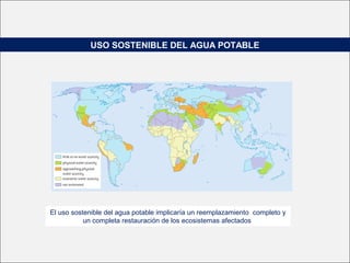 USO SOSTENIBLE DEL AGUA POTABLE
El uso sostenible del agua potable implicaría un reemplazamiento completo y
un completa restauración de los ecosistemas afectados
 