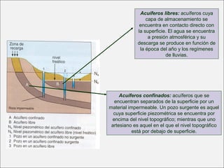 Acuíferos libres: acuíferos cuya
capa de almacenamiento se
encuentra en contacto directo con
la superficie. El agua se encuentra
a presión atmosférica y su
descarga se produce en función de
la época del año y los regímenes
de lluvias.
Acuíferos confinados: acuíferos que se
encuentran separados de la superficie por un
material impermeable. Un pozo surgente es aquel
cuya superficie piezométrica se encuentra por
encima del nivel topográfico; mientras que uno
artesiano es aquel en el que el nivel topográfico
está por debajo de superficie.
 