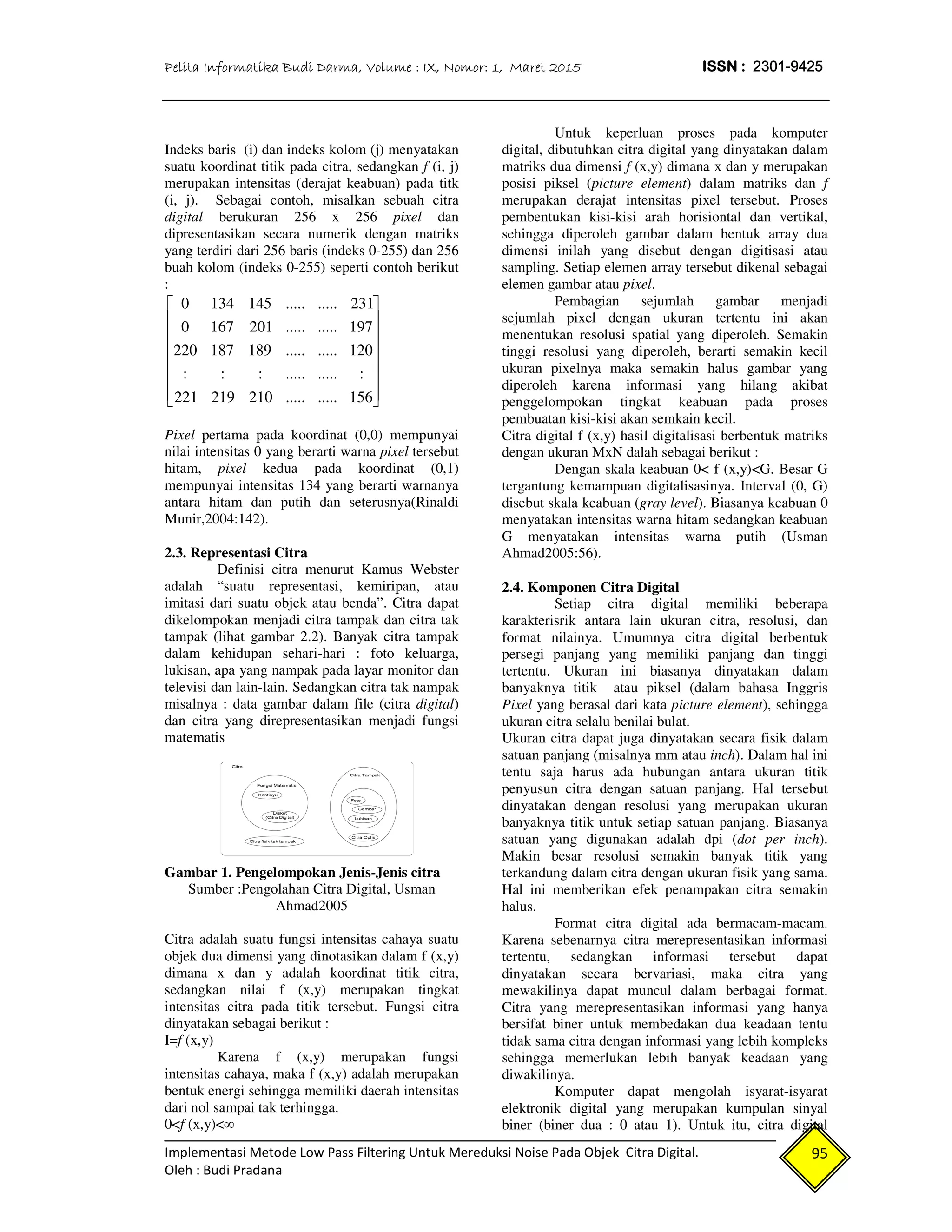 Pelita Informatika Budi Darma, Volume : IX, Nomor: 1, Maret 2015 ISSN : 2301-9425
Implementasi Metode Low Pass Filtering Untuk Mereduksi Noise Pada Objek Citra Digital.
Oleh : Budi Pradana
95
Indeks baris (i) dan indeks kolom (j) menyatakan
suatu koordinat titik pada citra, sedangkan f (i, j)
merupakan intensitas (derajat keabuan) pada titk
(i, j). Sebagai contoh, misalkan sebuah citra
digital berukuran 256 x 256 pixel dan
dipresentasikan secara numerik dengan matriks
yang terdiri dari 256 baris (indeks 0-255) dan 256
buah kolom (indeks 0-255) seperti contoh berikut
:
















156..........210219221
:..........:::
120..........189187220
197..........2011670
231..........1451340
Pixel pertama pada koordinat (0,0) mempunyai
nilai intensitas 0 yang berarti warna pixel tersebut
hitam, pixel kedua pada koordinat (0,1)
mempunyai intensitas 134 yang berarti warnanya
antara hitam dan putih dan seterusnya(Rinaldi
Munir,2004:142).
2.3. Representasi Citra
Definisi citra menurut Kamus Webster
adalah “suatu representasi, kemiripan, atau
imitasi dari suatu objek atau benda”. Citra dapat
dikelompokan menjadi citra tampak dan citra tak
tampak (lihat gambar 2.2). Banyak citra tampak
dalam kehidupan sehari-hari : foto keluarga,
lukisan, apa yang nampak pada layar monitor dan
televisi dan lain-lain. Sedangkan citra tak nampak
misalnya : data gambar dalam file (citra digital)
dan citra yang direpresentasikan menjadi fungsi
matematis
Gambar 1. Pengelompokan Jenis-Jenis citra
Sumber :Pengolahan Citra Digital, Usman
Ahmad2005
Citra adalah suatu fungsi intensitas cahaya suatu
objek dua dimensi yang dinotasikan dalam f (x,y)
dimana x dan y adalah koordinat titik citra,
sedangkan nilai f (x,y) merupakan tingkat
intensitas citra pada titik tersebut. Fungsi citra
dinyatakan sebagai berikut :
I=f (x,y)
Karena f (x,y) merupakan fungsi
intensitas cahaya, maka f (x,y) adalah merupakan
bentuk energi sehingga memiliki daerah intensitas
dari nol sampai tak terhingga.
0<f (x,y)<∞
Untuk keperluan proses pada komputer
digital, dibutuhkan citra digital yang dinyatakan dalam
matriks dua dimensi f (x,y) dimana x dan y merupakan
posisi piksel (picture element) dalam matriks dan f
merupakan derajat intensitas pixel tersebut. Proses
pembentukan kisi-kisi arah horisiontal dan vertikal,
sehingga diperoleh gambar dalam bentuk array dua
dimensi inilah yang disebut dengan digitisasi atau
sampling. Setiap elemen array tersebut dikenal sebagai
elemen gambar atau pixel.
Pembagian sejumlah gambar menjadi
sejumlah pixel dengan ukuran tertentu ini akan
menentukan resolusi spatial yang diperoleh. Semakin
tinggi resolusi yang diperoleh, berarti semakin kecil
ukuran pixelnya maka semakin halus gambar yang
diperoleh karena informasi yang hilang akibat
penggelompokan tingkat keabuan pada proses
pembuatan kisi-kisi akan semkain kecil.
Citra digital f (x,y) hasil digitalisasi berbentuk matriks
dengan ukuran MxN dalah sebagai berikut :
Dengan skala keabuan 0< f (x,y)<G. Besar G
tergantung kemampuan digitalisasinya. Interval (0, G)
disebut skala keabuan (gray level). Biasanya keabuan 0
menyatakan intensitas warna hitam sedangkan keabuan
G menyatakan intensitas warna putih (Usman
Ahmad2005:56).
2.4. Komponen Citra Digital
Setiap citra digital memiliki beberapa
karakterisrik antara lain ukuran citra, resolusi, dan
format nilainya. Umumnya citra digital berbentuk
persegi panjang yang memiliki panjang dan tinggi
tertentu. Ukuran ini biasanya dinyatakan dalam
banyaknya titik atau piksel (dalam bahasa Inggris
Pixel yang berasal dari kata picture element), sehingga
ukuran citra selalu benilai bulat.
Ukuran citra dapat juga dinyatakan secara fisik dalam
satuan panjang (misalnya mm atau inch). Dalam hal ini
tentu saja harus ada hubungan antara ukuran titik
penyusun citra dengan satuan panjang. Hal tersebut
dinyatakan dengan resolusi yang merupakan ukuran
banyaknya titik untuk setiap satuan panjang. Biasanya
satuan yang digunakan adalah dpi (dot per inch).
Makin besar resolusi semakin banyak titik yang
terkandung dalam citra dengan ukuran fisik yang sama.
Hal ini memberikan efek penampakan citra semakin
halus.
Format citra digital ada bermacam-macam.
Karena sebenarnya citra merepresentasikan informasi
tertentu, sedangkan informasi tersebut dapat
dinyatakan secara bervariasi, maka citra yang
mewakilinya dapat muncul dalam berbagai format.
Citra yang merepresentasikan informasi yang hanya
bersifat biner untuk membedakan dua keadaan tentu
tidak sama citra dengan informasi yang lebih kompleks
sehingga memerlukan lebih banyak keadaan yang
diwakilinya.
Komputer dapat mengolah isyarat-isyarat
elektronik digital yang merupakan kumpulan sinyal
biner (biner dua : 0 atau 1). Untuk itu, citra digital
 
