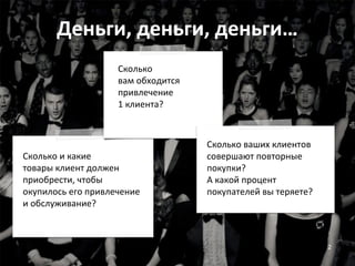 Деньги, деньги, деньги…
2
Сколько и какие
товары клиент должен
приобрести, чтобы
окупилось его привлечение
и обслуживание?
Сколько ваших клиентов
совершают повторные
покупки?
А какой процент
покупателей вы теряете?
Сколько
вам обходится
привлечение
1 клиента?