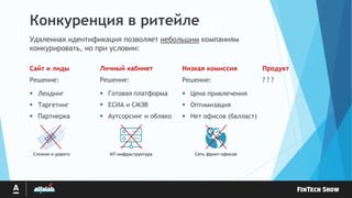 Конкуренция в ритейле
Удаленная идентификация позволяет небольшим компаниям
конкурировать, но при условии:
Сайт и лиды
Решение:
 Лендинг
 Таргетинг
 Партнерка
Личный кабинет
Решение:
 Готовая платформа
 ЕСИА и СМЭВ
 Аутсорсинг и облако
Низкая комиссия
Решение:
 Цена привлечения
 Оптимизация
 Нет офисов (балласт)
ИТ-инфраструктураСложно и дорого Сеть фронт-офисов
Продукт
? ? ?
 