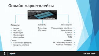 Онлайн маркетплейсы
Продукты
 Акции
 ИИС и ДУ
 Облигации
 Паи фондов
 Микрозаймы
Скоро:
 Банковские депозиты
 Кредиты, ипотека
Поставщики
Управляющие компании
Депозитарии
Брокеры
Банки
МФО
А также:
Частные консультанты
Частные трейдеры
Клиенты
Физ. лица
Юр. лица
Финансовый
супермаркет







 