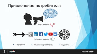 Привлечение потребителя
Performance Marketing
WOM - Marketing
 Таргетинг  Онлайн-маркетплейсы  Гаджеты
 