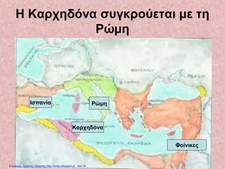 Η Καρχηδόνα συγκρούεται με τη
Ρώμη
Φοίνικες
Καρχηδόνα
Ισπανία Ρώμη
Επιμέλεια: Χρήστος Χαρμπής http://xristx.blogspot.gr σελ.14
 