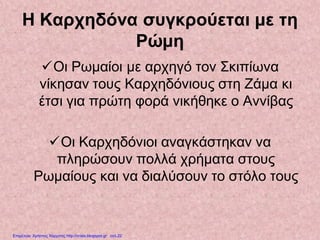 Η Καρχηδόνα συγκρούεται με τη
Ρώμη
Οι Ρωμαίοι με αρχηγό τον Σκιπίωνα
νίκησαν τους Καρχηδόνιους στη Ζάμα κι
έτσι για πρώτη φορά νικήθηκε ο Αννίβας
Οι Καρχηδόνιοι αναγκάστηκαν να
πληρώσουν πολλά χρήματα στους
Ρωμαίους και να διαλύσουν το στόλο τους
Επιμέλεια: Χρήστος Χαρμπής http://xristx.blogspot.gr σελ.22
 