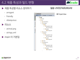 4.2 제품 특성과 빌드 변형
▶ 제품 특성별 리소스 정의하기
› arrogant
› friendly
› obsequious
▶ 리소스
› animal.png
› strings.xml
▶ main 이 기본임
Page 17
실습: ch03/HelloWorld
 Project View
 