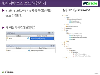 4.4 자바 소스 코드 병합하기
▶ main, stark, wayne 제품 특성을 위한
소스 디렉터리
▶ 왜 이렇게 복잡해보일까?
Page 28
실습: ch03/HelloWorld
 