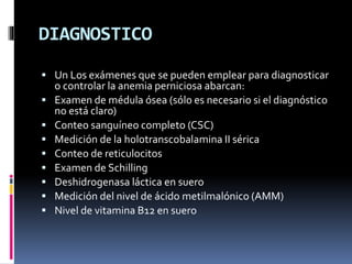 DIAGNOSTICO
 Un Los exámenes que se pueden emplear para diagnosticar
o controlar la anemia perniciosa abarcan:
 Examen de médula ósea (sólo es necesario si el diagnóstico
no está claro)
 Conteo sanguíneo completo (CSC)
 Medición de la holotranscobalamina II sérica
 Conteo de reticulocitos
 Examen de Schilling
 Deshidrogenasa láctica en suero
 Medición del nivel de ácido metilmalónico (AMM)
 Nivel de vitamina B12 en suero
 