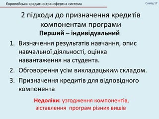 2 підходи до призначення кредитів
компонентам програми
Перший – індивідуальний
1. Визначення результатів навчання, опис
навчальної діяльності, оцінка
навантаження на студента.
2. Обговорення усім викладацьким складом.
3. Призначення кредитів для відповідного
компонента
Недоліки: узгодження компонентів,
зіставлення програм різних вишів
Європейська кредитно-трансфертна система Слайд 17
 