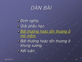 10April 25, 2017
DAØN BAØI
Ñònh nghóa.
Giaûi phaãu hoïc.
Baát thöôøng hoaëc toån thöông ôû
moâ meàm.
Baát thöôøng hoaëc toån thöông ôû
khung xöông.
Keát luaän.
 