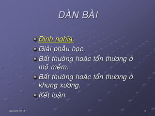3April 25, 2017
DAØN BAØI
Ñònh nghóa.
Giaûi phaãu hoïc.
Baát thöôøng hoaëc toån thöông ôû
moâ meàm.
Baát thöôøng hoaëc toån thöông ôû
khung xöông.
Keát luaän.
 