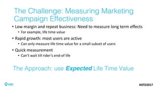 The Approach: use Expected Life Time Value
• Low	margin	and	repeat	business:	Need	to	measure	long	term	effects
• For	example,	life	time	value
• Rapid	growth:	most	users	are	active
• Can	only	measure	life	time	value	for	a	small	subset	of	users
• Quick	measurement
• Can’t	wait	till	rider’s	end-of	life
#ATD2017
The Challenge: Measuring Marketing
Campaign Effectiveness
 
