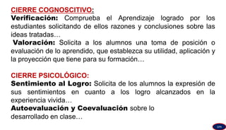 CIERRE COGNOSCITIVO:
Verificación: Comprueba el Aprendizaje logrado por los
estudiantes solicitando de ellos razones y conclusiones sobre las
ideas tratadas…
Valoración: Solicita a los alumnos una toma de posición o
evaluación de lo aprendido, que establezca su utilidad, aplicación y
la proyección que tiene para su formación…
CIERRE PSICOLÓGICO:
Sentimiento al Logro: Solicita de los alumnos la expresión de
sus sentimientos en cuanto a los logro alcanzados en la
experiencia vivida…
Autoevaluación y Coevaluación sobre lo
desarrollado en clase…
GPA
 