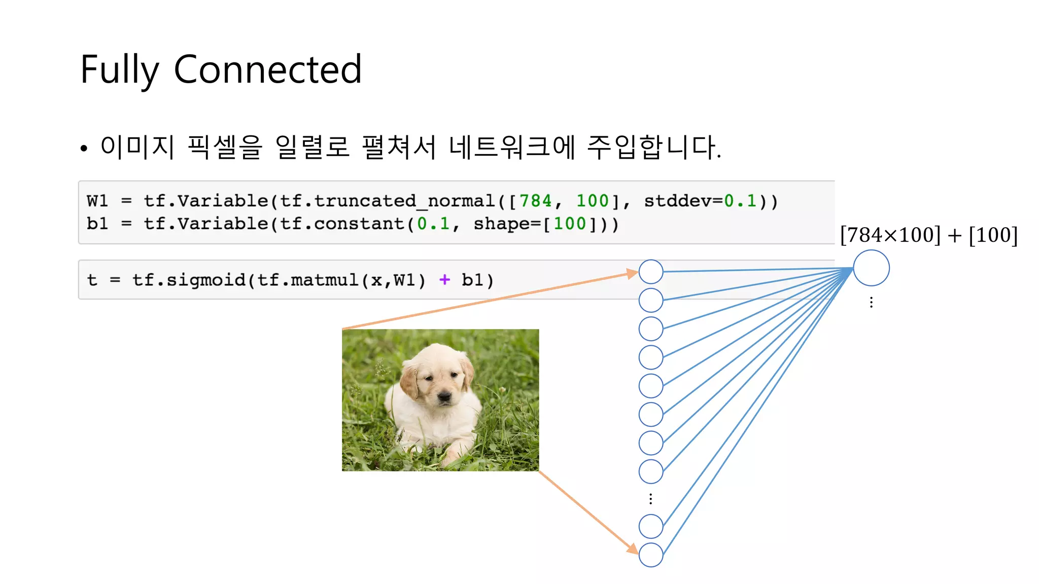 Fully Connected
• 이미지 픽셀을 일렬로 펼쳐서 네트워크에 주입합니다.
...
784×100 + [100]
...
 