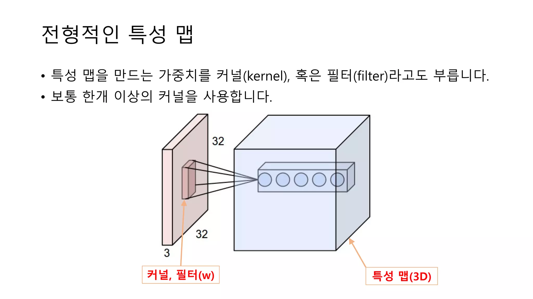 전형적인 특성 맵
• 특성 맵을 만드는 가중치를 커널(kernel), 혹은 필터(filter)라고도 부릅니다.
• 보통 한개 이상의 커널을 사용합니다.
특성 맵(3D)커널, 필터(w)
 