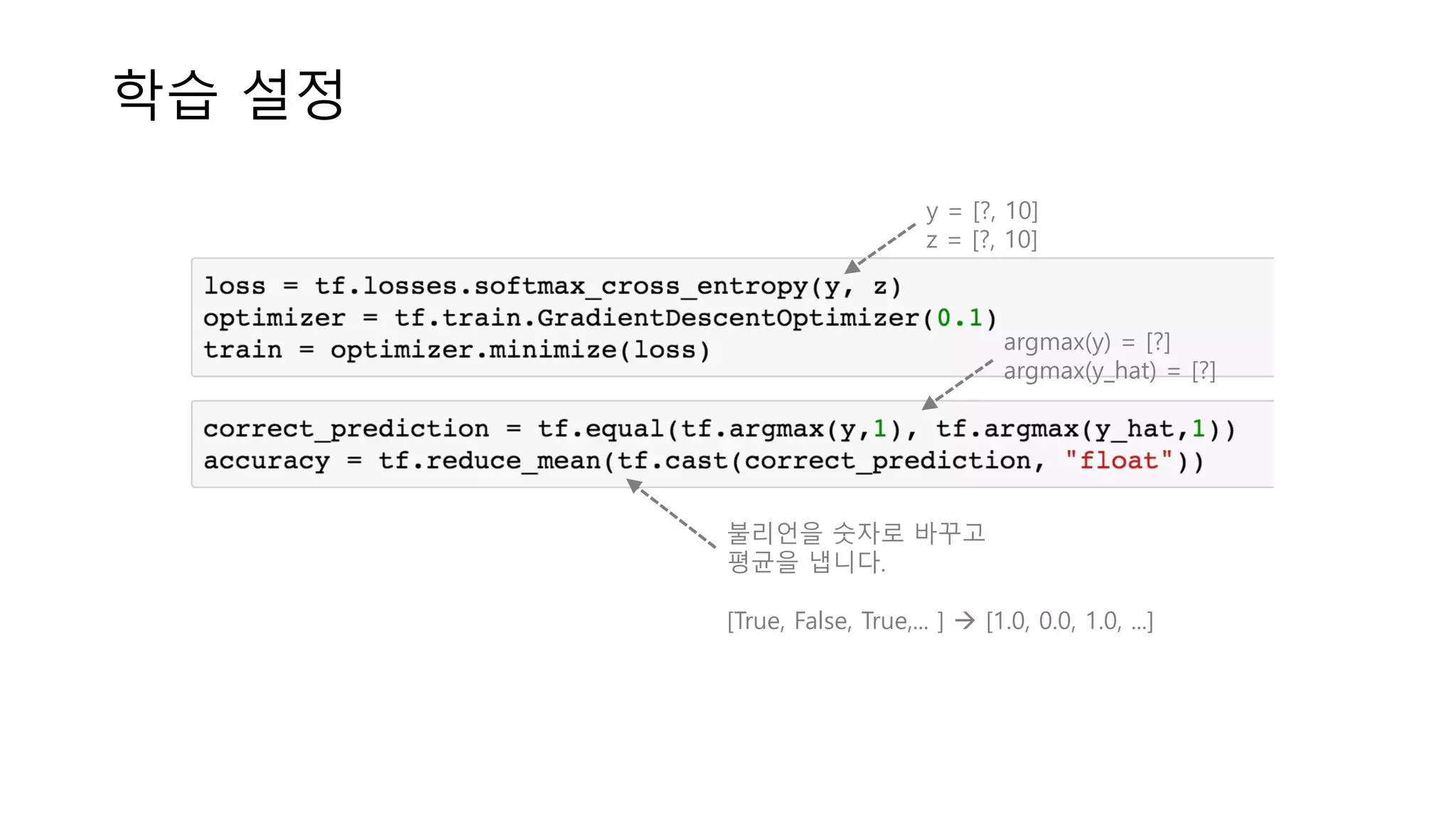 학습 설정
argmax(y) = [?]
argmax(y_hat) = [?]
y = [?, 10]
z = [?, 10]
불리언을 숫자로 바꾸고
평균을 냅니다.
[True, False, True,... ] à [1.0, 0.0, 1.0, ...]
 
