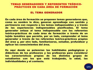 GPA
TEMAS GENERADORES Y REFERENTES TEÓRICO-
PRÁCTICOS EN CADA ÁREA DE FORMACIÓN
EL TEMA GENERADOR
En cada área de formación se proponen temas generadores que,
como su nombre lo dice, generan aprendizaje con sentido y
pertinencia con respecto a los temas indispensables y a través
de las experiencias indispensables planificadas. El tema
generador enlaza al tema indispensable con los referentes
teórico-prácticos de cada área de formación a través de un
tejido temático que permite, por un lado, comprender el tema
generador a través de los referentes teórico-prácticos propios
del área y, por otro lado, familiarizarse, estudiar, profundizar y
aplicar los conocimientos del área.
Es aquí donde se potencian las habilidades pedagógicas y
didácticas de los profesores y las profesoras para considerar
las características propias de los distintos grupos de
estudiantes con los que está trabajando, la edad, las
individualidades y el contexto.
 