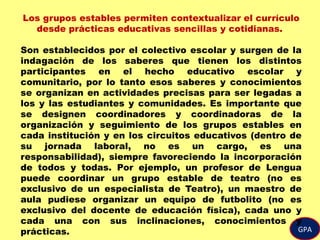 GPA
Los grupos estables permiten contextualizar el currículo
desde prácticas educativas sencillas y cotidianas.
Son establecidos por el colectivo escolar y surgen de la
indagación de los saberes que tienen los distintos
participantes en el hecho educativo escolar y
comunitario, por lo tanto esos saberes y conocimientos
se organizan en actividades precisas para ser legadas a
los y las estudiantes y comunidades. Es importante que
se designen coordinadores y coordinadoras de la
organización y seguimiento de los grupos estables en
cada institución y en los circuitos educativos (dentro de
su jornada laboral, no es un cargo, es una
responsabilidad), siempre favoreciendo la incorporación
de todos y todas. Por ejemplo, un profesor de Lengua
puede coordinar un grupo estable de teatro (no es
exclusivo de un especialista de Teatro), un maestro de
aula pudiese organizar un equipo de futbolito (no es
exclusivo del docente de educación física), cada uno y
cada una con sus inclinaciones, conocimientos y
prácticas.
 