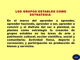 GPA
LOS GRUPOS ESTABLES COMO
ESTRATEGIA
En el marco del aprender a aprender,
aprender haciendo, aprender a ser, aprender a
convivir y el disfrute del ser a plenitud, se
plantea como estrategia la creación de
grupos estables en las áreas de arte y
patrimonio cultural; acción científica, social y
comunitaria; Actividad física, deporte y
recreación; y participación en producción de
bienes y servicios.
 