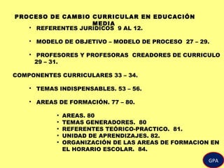 PROCESO DE CAMBIO CURRICULAR EN EDUCACIÓN
MEDIA
• REFERENTES JURIDICOS 9 AL 12.
• MODELO DE OBJETIVO – MODELO DE PROCESO 27 – 29.
• PROFESORES Y PROFESORAS CREADORES DE CURRICULO
29 – 31.
COMPONENTES CURRICULARES 33 – 34.
• TEMAS INDISPENSABLES. 53 – 56.
• AREAS DE FORMACIÓN. 77 – 80.
●
AREAS. 80
●
TEMAS GENERADORES. 80
●
REFERENTES TEÓRICO-PRACTICO. 81.
●
UNIDAD DE APRENDIZAJES. 82.
●
ORGANIZACIÓN DE LAS AREAS DE FORMACION EN
EL HORARIO ESCOLAR. 84.
GPA
 