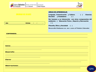 DÍA: ___________________________ FECHA: ____/_____/__________.
Inicio:____________________________________________________________________________________________________________________
___________________________________________________________________________________________________________________________
______________________________________________________
Desarrollo:______________________________________________________________________________________________________________
___________________________________________________________________________________________________________________________
___________________________________________________________________________________________________________________________
____________________________________________________
Cierre: _________________________________________________________________________________________________________________
_________________________________________________________________________________________________________________
__________________________________________________________________
Observaciones:_________________________________________________________________________________________
________________________________________________________________________________________________
UNIDAD DE CLASE
ÁREAS DE APRENDIZAJE:
Lenguaje, Comunicación y Cultura ( ) Ciencias
Sociales y Ciudadanía ( )
Ser humano y su interacción con otros componentes del
ambiente ( ) Educación Física , Deporte y Recreación
( )
Filosofía, Ética y Sociedad ( )
Desarrollo Endógeno en, por y para el Trabajo Liberador
( ).
GPA
CONTENIDOS: _________________________________________________________________________________________________________
_________________________________________________________________________________________________________________________
 
